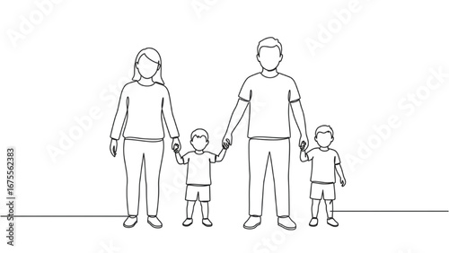 Continuous Line Drawing of a Family Holding Hands, Minimalist Vector Illustration