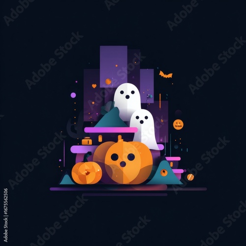 Minimalist flat design Halloween pumpkins and ghosts, geometric style, modern trendy vector illustration – 16:9, halloween, minimalist halloween, flat design halloween, geometric halloween, 