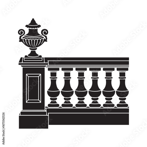 Classic balustrade silhouette. Vector graphic of a vintage balcony or terrace railing with balusters and an ornate urn.
