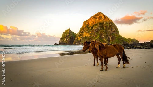 Two brown horses stand on a sandy beach at sunset, with dramatic rock formations in the background