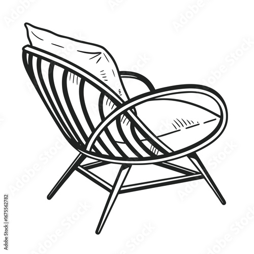 Hand drawn vector illustration of a comfortable modern armchair with cushions. Outline sketch of retro lounge furniture for interior design, isolated on a white background