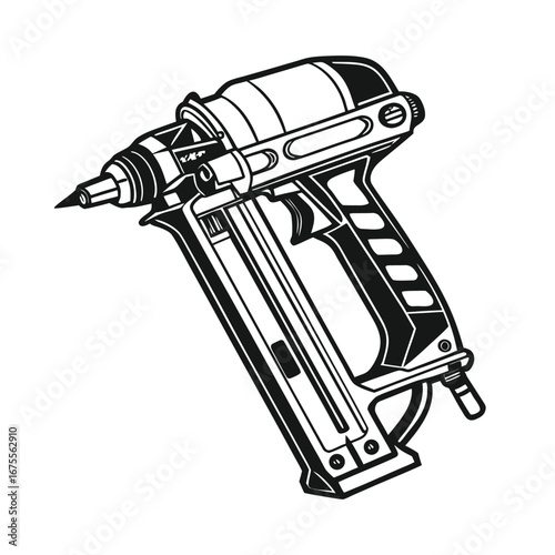 Detailed black and white line art illustration of a pneumatic nail gun, a power tool for construction and carpentry, isolated on a white background