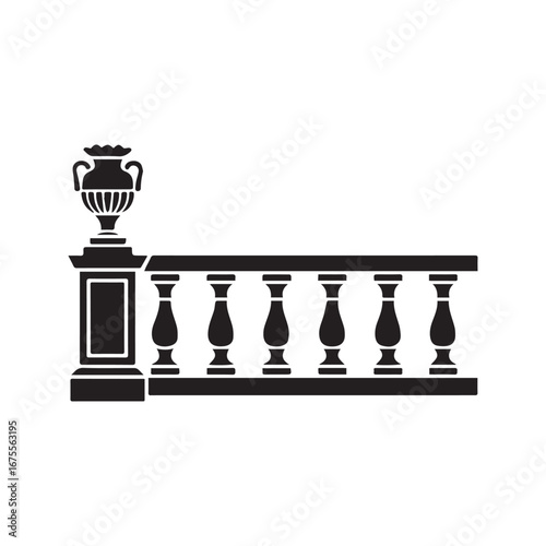 Classic balustrade silhouette. Vector graphic of a vintage balcony or terrace railing with balusters and an ornate urn.
