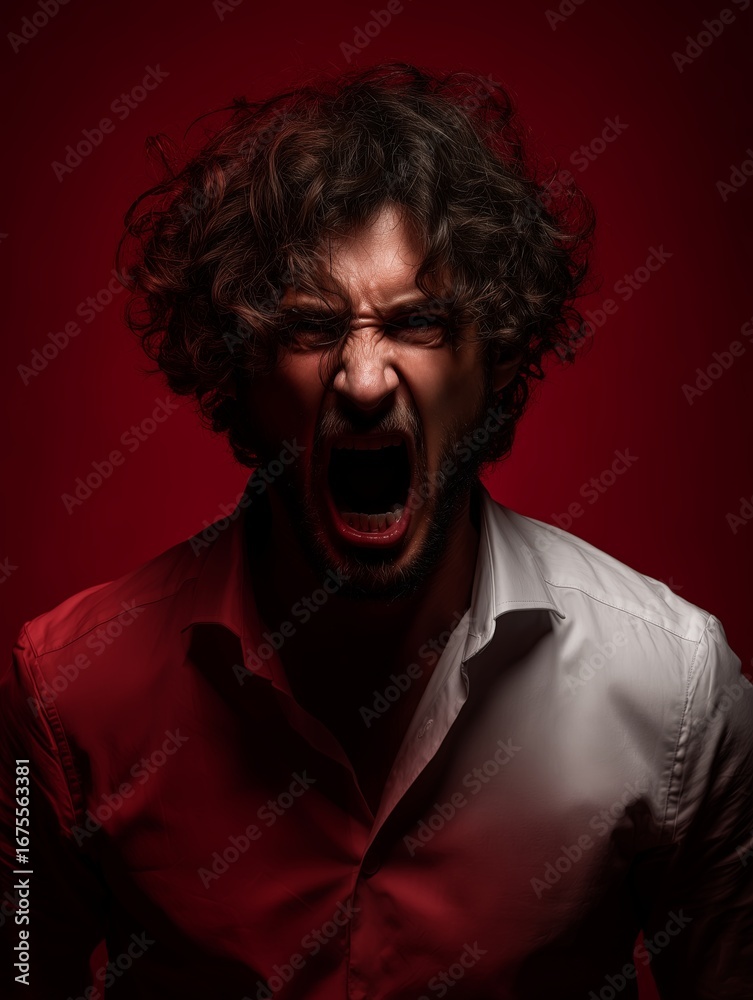 Fototapeta premium A man with wild hair screams intensely against a dark red background. The dramatic image captures terror, horror, and raw emotion.