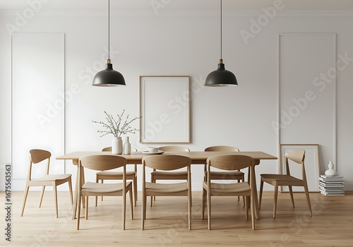 Minimalist Dining Room Interior Design with Wooden Table and Chairs Stylish Lighting and Decorative Elements for Home Decor and Interior Design Inspiration