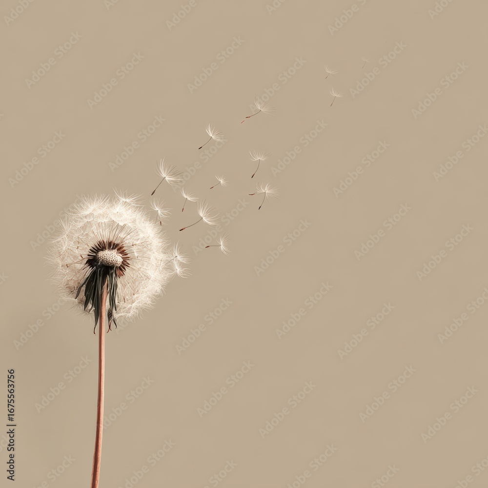 Fototapeta premium Delicate Dandelion Puff Blowing in the Gentle Breeze on Beige Canvas