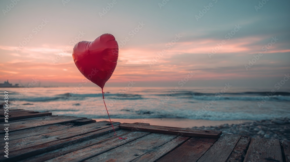 Fototapeta premium Heart Balloon's Serene Dance Above Waters Romantic Sunset Scene Over Peaceful Sea and Pier, Celebrating Affection