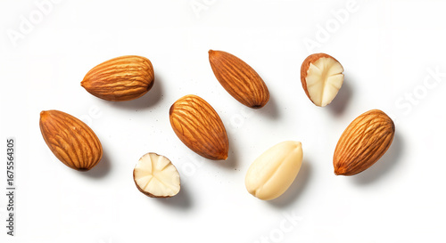 Almond nuts collection isolated on white background, top view. Raw, whole, blanched and cut almonds flat lay. Healthy food ingredient, almond nuts close up, a set of healthy almonds.