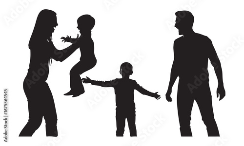 Silhouettes of a happy family with two children enjoying time together