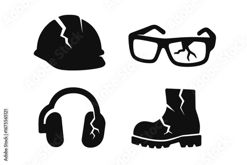 Broken safety equipment icon set. Concept for workplace accident, danger, hazard. Cracked hard hat, safety glasses, boot. Work safety failure. Personal protective equipment.