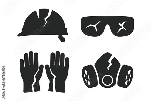 Broken safety equipment icon set. Vector of shattered PPE. Cracked hard hat, safety glasses, gloves, and respirator. Workplace hazard, danger, accident, failed protection concept.