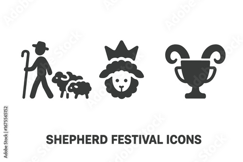 Shepherd festival icon set. Vector symbols of sheep parade, crowned woolly lamb, and ram horn trophy. Agriculture livestock farming competition. Herder with flock silhouette.