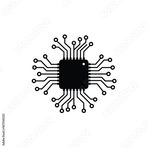 Black microchip circuit board with radial connections