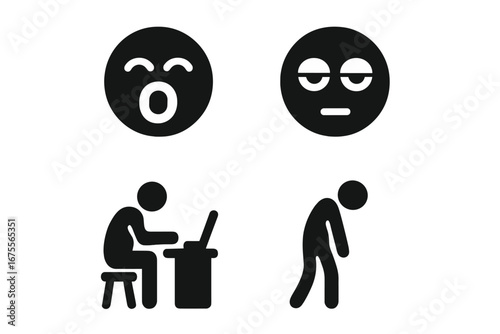 Tiredness and fatigue solid icon set. Burnout, exhausted, overworked vector symbols. Yawning face, sleepy eyes, slouching person at work. Lethargy and apathy concept design.
