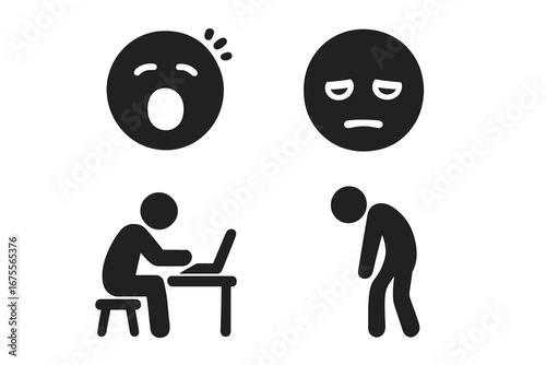 Tiredness and fatigue icon set. Symptoms of burnout, overwork, and exhaustion. Yawning emoji, droopy eyes, sleepy face, and slouching worker pictogram vector symbols.
