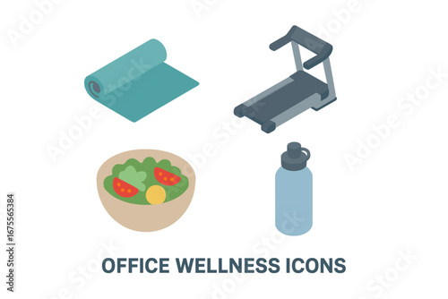 Isometric icons for office wellness programs. Healthy lifestyle concepts: exercise, nutrition, hydration. Vector set with yoga mat, treadmill, salad bowl, and water bottle.