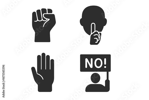 Protest and resistance glyph icon set. Raised clenched fist, silent protest, stop hand gesture, and demonstrator holding a NO sign. Activism and human rights vector symbols.