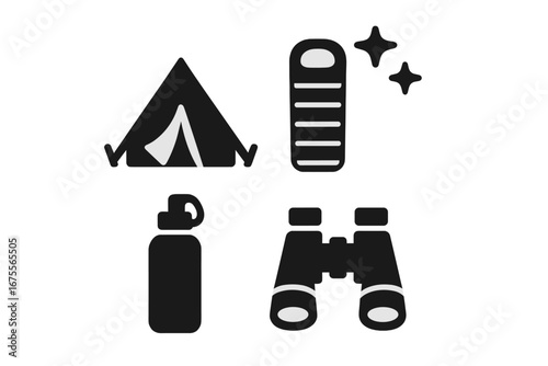 Outdoor adventure and camping icon set. Solid glyph vector illustration of travel equipment: tent, sleeping bag, water bottle, and binoculars for hiking and exploration.