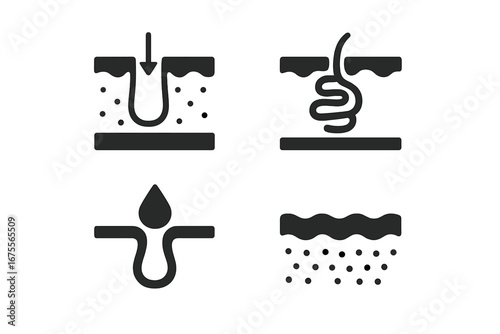 Skin glands and layers solid icon set. Vector illustrations of sweat gland, skin pore, epidermis structure, and perspiration droplet. Dermatology, anatomy, and skincare concept.