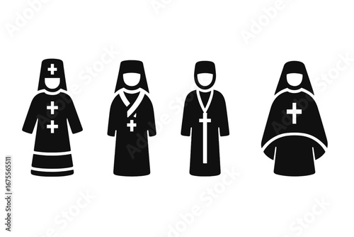 Orthodox clergy vector icon set. Solid black glyphs of Eastern Christian priests, bishops, monks. Religious vestments sakkos, phelonion. Christian faith, church symbols.