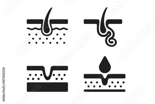Dermatology vector icon set showing skin layers, hair follicle, ingrown hair, and sweat gland pore. Concepts of skincare, sebum, perspiration, and skin anatomy illustration.