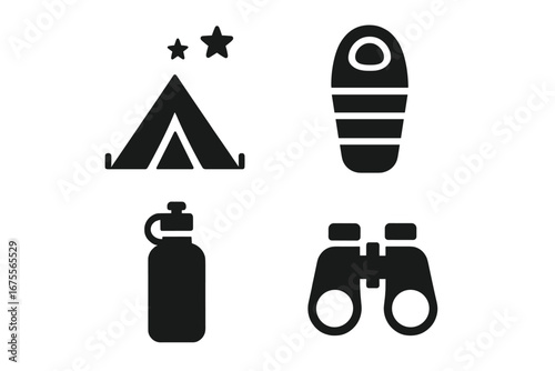 Camping and hiking adventure icon set. Outdoor recreation glyphs collection with tent, sleeping bag, water bottle, and binoculars. Vector symbols for exploration and travel.