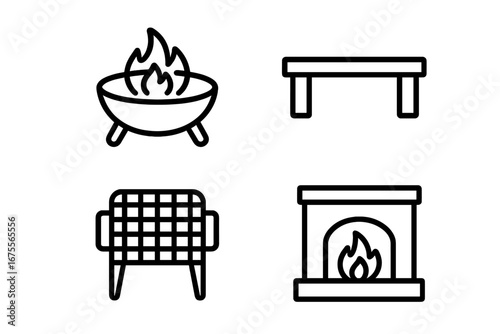 Outdoor living line icon set. Vector collection of patio furniture and heating elements like a fire pit, chiminea, garden bench, and armchair for backyard and camping concepts.