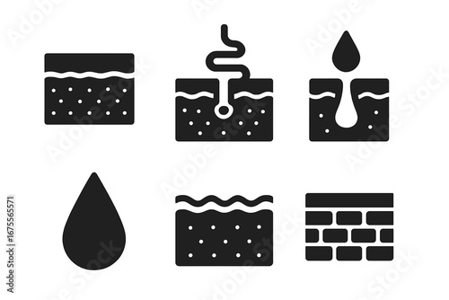 Skin layer and sweat gland solid icon set. Vector dermatology, anatomy glyph collection. Epidermis, pore, skin barrier, moisture drop, and skincare concept illustration.