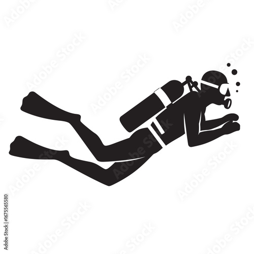 black and white silhouette of a scuba diving vector on a white background