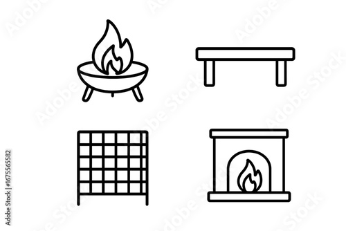 Outdoor fireplace and fire pit elements icon set. Vector outline illustration of garden furniture, seating bench, grill grate, and mantelpiece for backyard patio design concepts.