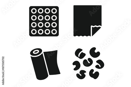 Packaging materials solid icon set. Glyph vector symbols of bubble wrap, corrugated cardboard, stretch film roll, and foam peanuts. Shipping and logistics protection concept.