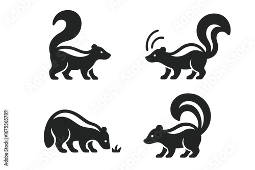 Skunk icon set. Vector collection of black silhouette skunks. Wildlife animal pictogram. Standing, spraying, foraging. Stinky mammal, striped fur, curled tail. Simple logo concept.