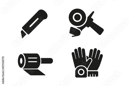 Packaging tools icon set. Solid glyph vector icons for packing, shipping, and logistics. Box cutter, tape dispenser, stretch wrap film, work gloves and measuring tape symbols.