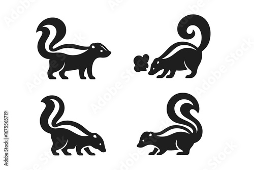 Skunk icons collection. Solid filled vector icon set of skunks in nature. Standing, spraying with stink cloud, and foraging skunk silhouettes. Wildlife animal logo or symbol.