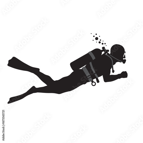 black and white silhouette of a scuba diving vector on a white background