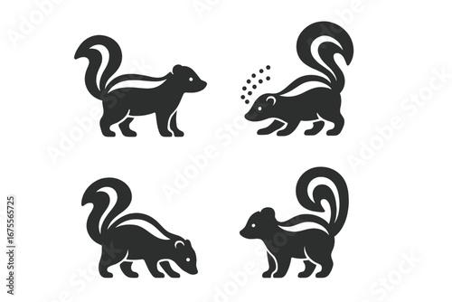 Skunk solid icon collection. Vector set of black skunk silhouettes. Animal standing, spraying defense mechanism, and foraging. Wildlife mammal glyph symbol for logo design.