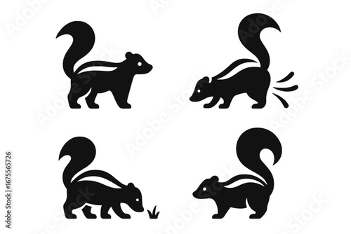 Skunk icon set. Vector collection of black silhouette skunks. Wild animal characters in various poses: standing, foraging, and spraying a bad smell. Stinky wildlife concept.