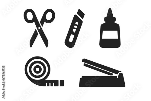 Packaging tools solid icon set. Black glyph vector illustration of scissors, utility cutter, glue bottle, measuring tape, and heat sealer. DIY, crafting, shipping supplies.