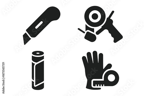Packaging tools solid glyph icon set. Shipping supplies vector collection. Box cutter, tape dispenser, stretch wrap, glove, measure. Warehouse, logistics, moving concept.