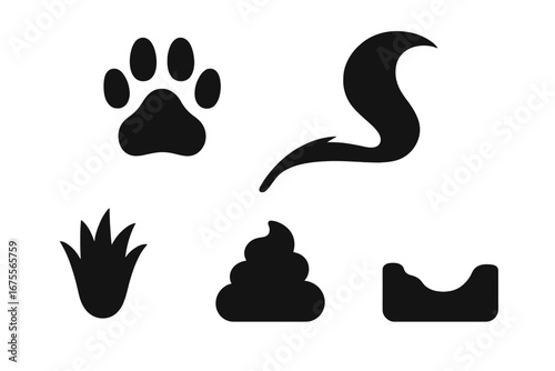 Skunk tracks and signs icon set. Vector collection of wildlife animal footprints, paw prints, scat, digging marks, and tail silhouette. Simple black isolated illustration.