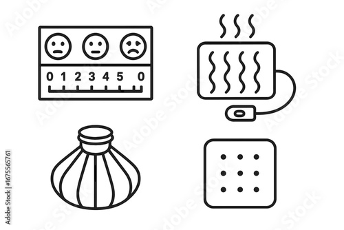 Pain management icon set for chronic pain and physical therapy. Vector outline icons of a pain scale chart, heating pad, ice pack, and medication patch. Medical treatment symbols.