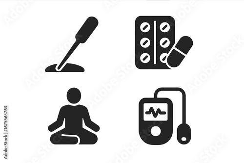 Pain relief solid icons. Pain management techniques. Acupuncture, medication, meditation, TENS therapy. Healthcare symbols for chronic pain treatment. Vector glyph collection.