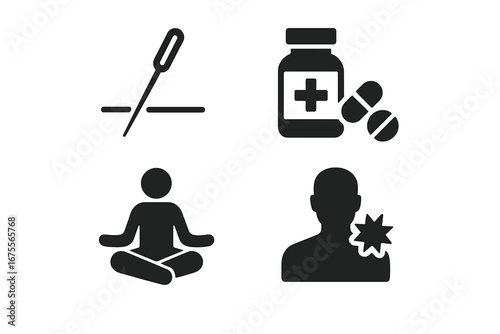 Pain management solid glyph icon set. Vector symbols for medical and alternative therapy. Acupuncture, painkillers, medication, meditation, and yoga for physical pain relief.