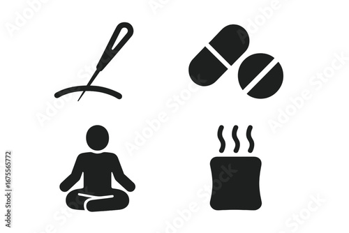 Pain management vector icon set. Solid glyph symbols for medical pain relief treatment. Includes acupuncture, painkillers, meditation, and heat therapy. Alternative medicine.