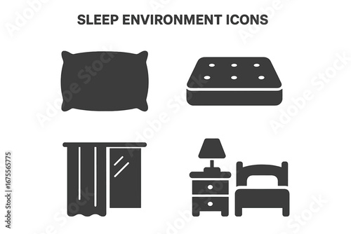 Sleep environment solid glyph icons set. Bedroom furniture pictograms. Pillow, mattress, blackout curtain, bedside table, lamp and bed. Vector symbols for sleep hygiene and comfort.