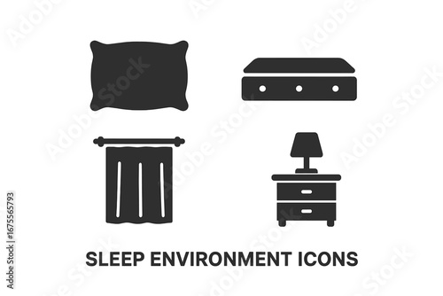 Sleep environment solid icon set. Bedroom furniture glyphs for good sleep hygiene. Pillow, mattress, blackout curtain, nightstand lamp. Vector comfort & relaxation symbols.
