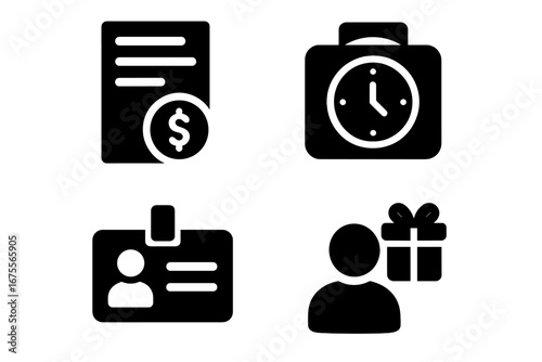 Payroll and HR solid icon set. Vector glyph collection of salary, payslip, time clock, employee ID badge, and bonus payment symbols for business and finance management.