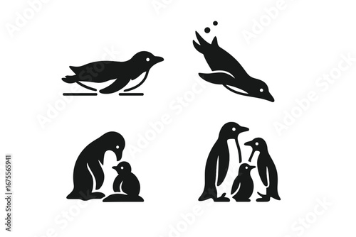 Penguin behavior icon set. Solid vector glyphs of penguins sliding on ice, diving, parent feeding chick, and family group. Wildlife animal silhouette collection for design.