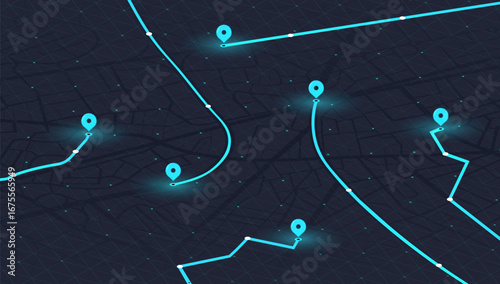 Urban travel in dark city navigation with glowing GPS routes. City Map with Routes. Highlighted poi and destination points, abstract urban travel path. Vector illustration