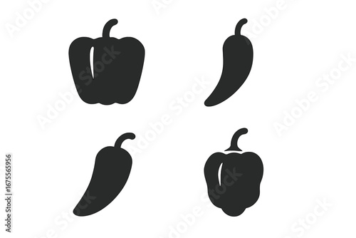 Pepper icon set. Solid glyph filled vector icons of pepper varieties. Bell pepper, chili pepper, jalapeño, habanero. For spicy food, cooking, vegetable, ingredient concepts.